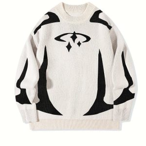Pull en maille unisexe à motifs abstraits et col rond