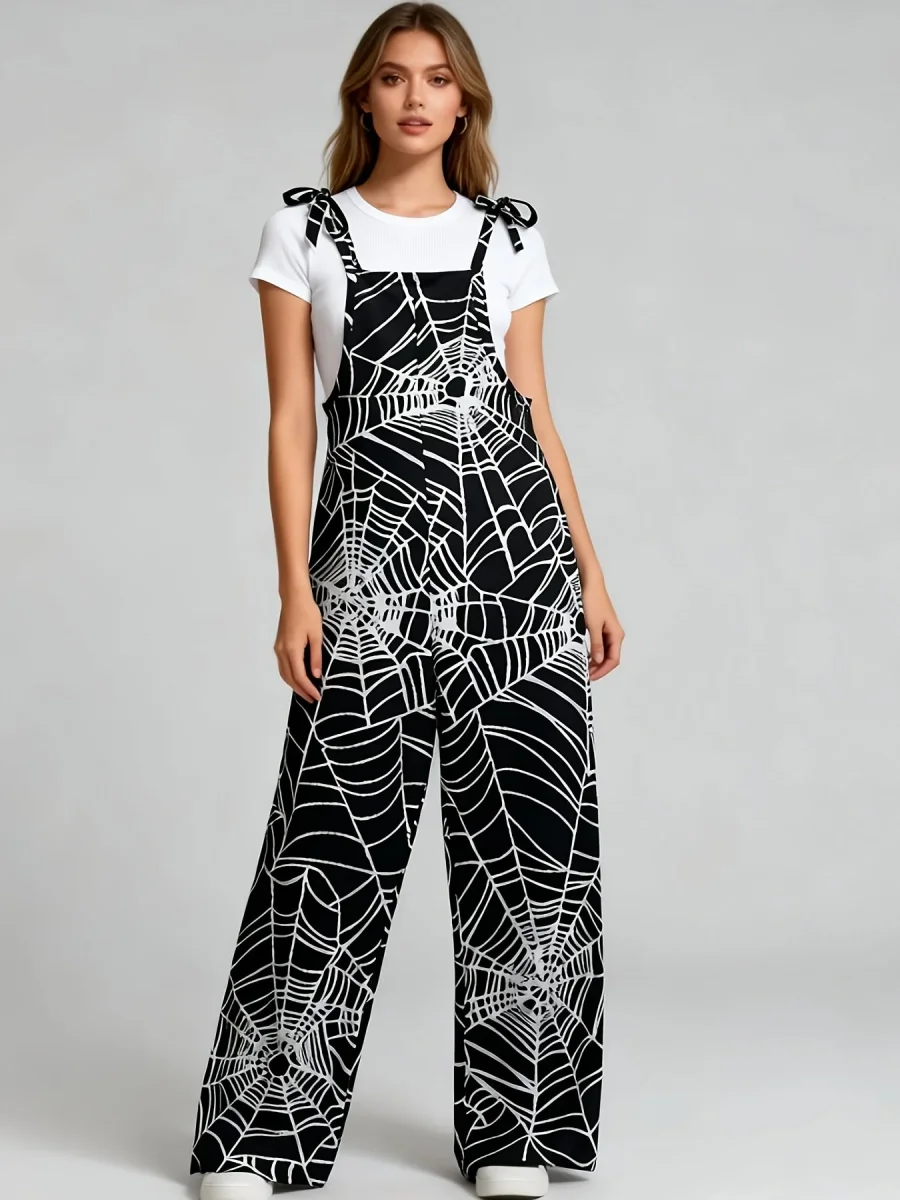 Combinaison pantalon femme noire à motif toile d'araignée bretelles fines - Imagen 5