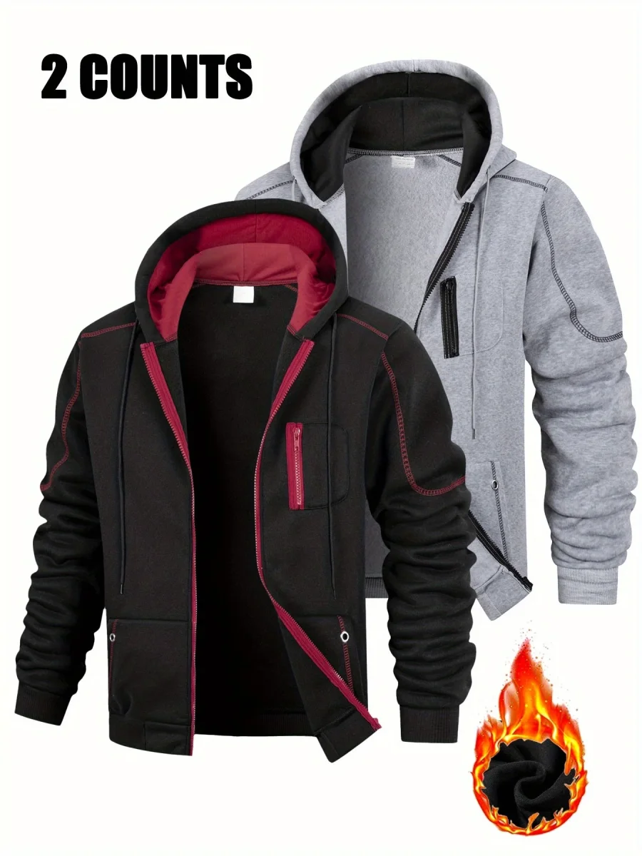 Lot de 2 Hoodies Homme Zippés Bicolores Chauds avec Capuche et Poches - Imagen 7
