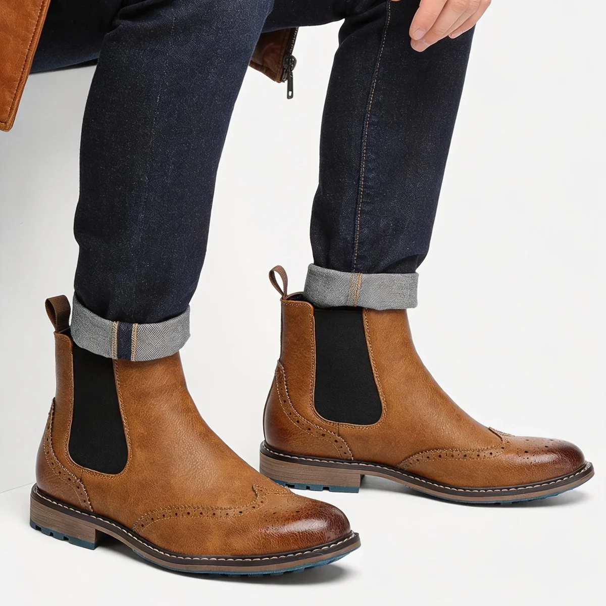 Bottes Chelsea Homme Marron Brogue Détails Perforés Élastiques Latéraux Semelle Bleue - Imagen 5