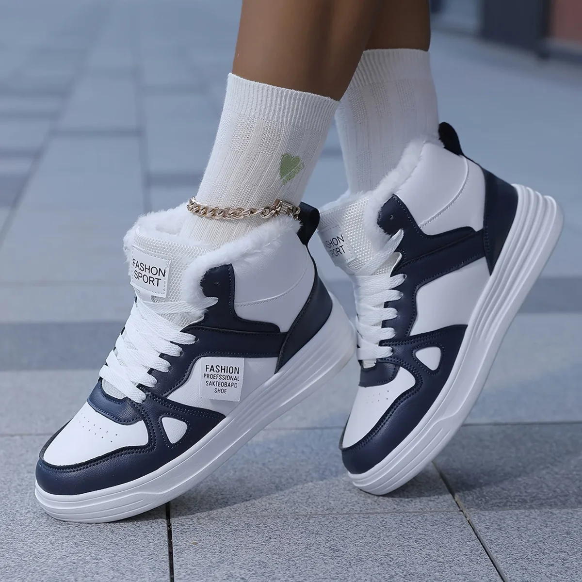 Baskets montantes doublées pour l'hiver, tricolores ou unies, chaudes et confortables - Imagen 3