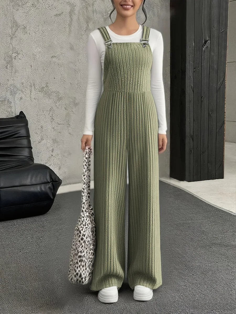 Salopette Femme ample côtelée gris clair à bretelles avec boucle - Imagen 9