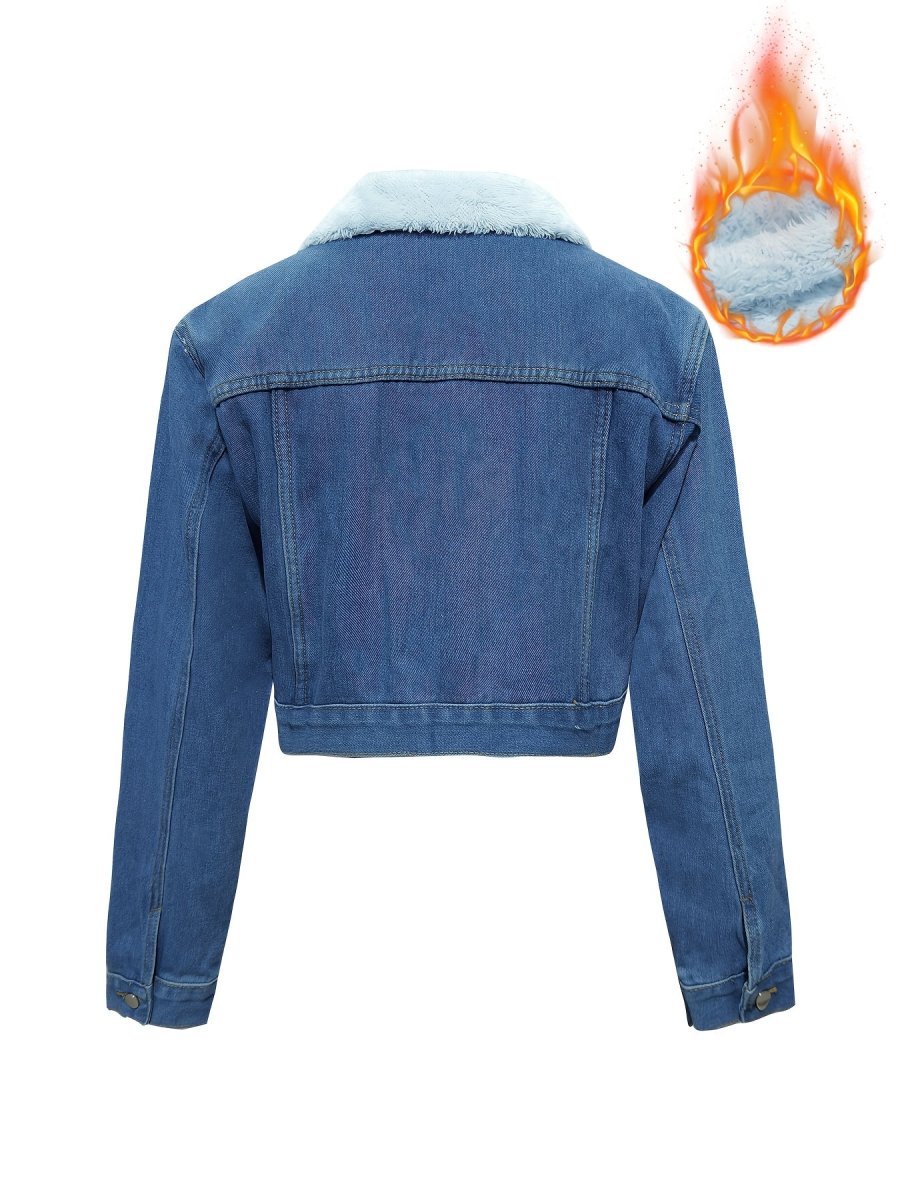 Veste courte en denim bleu avec doublure douce pour femme - Imagen 4