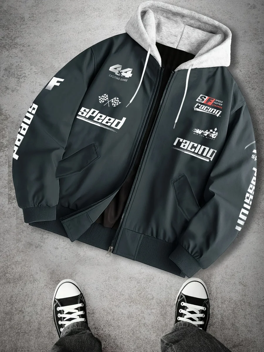 Blouson Bomber Homme Capuche Amovible Zippé avec Imprimés Racing Vert Clair - Imagen 7