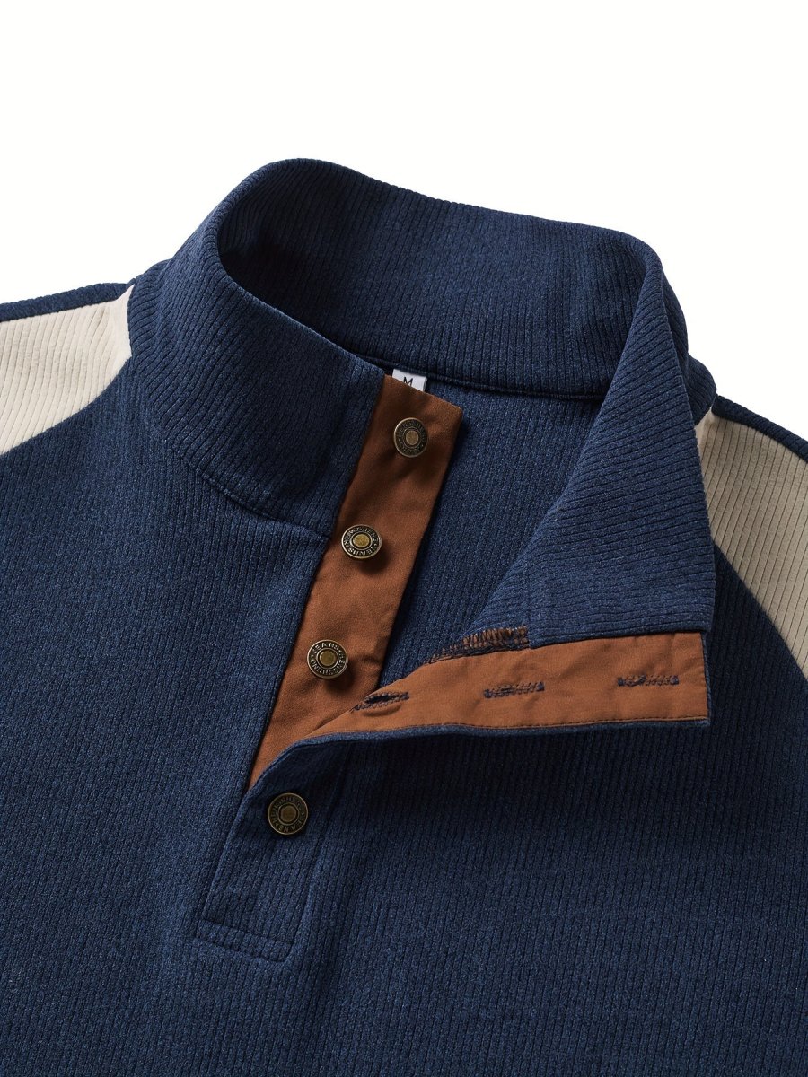Pull Homme Col Montant Bleu Marine Crème avec Coudières Marron - Imagen 5