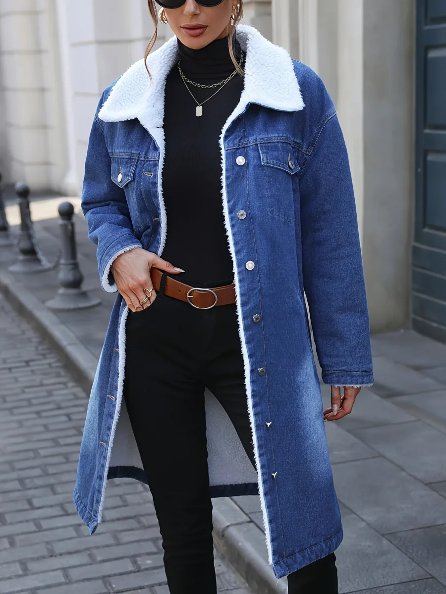 Manteau long en jean bleu délavé doublé doux pour femme - Imagen 3