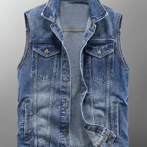 Gilet en Jean sans Manches pour Homme, Boutons Métalliques, Poches Poitrine et Latérales