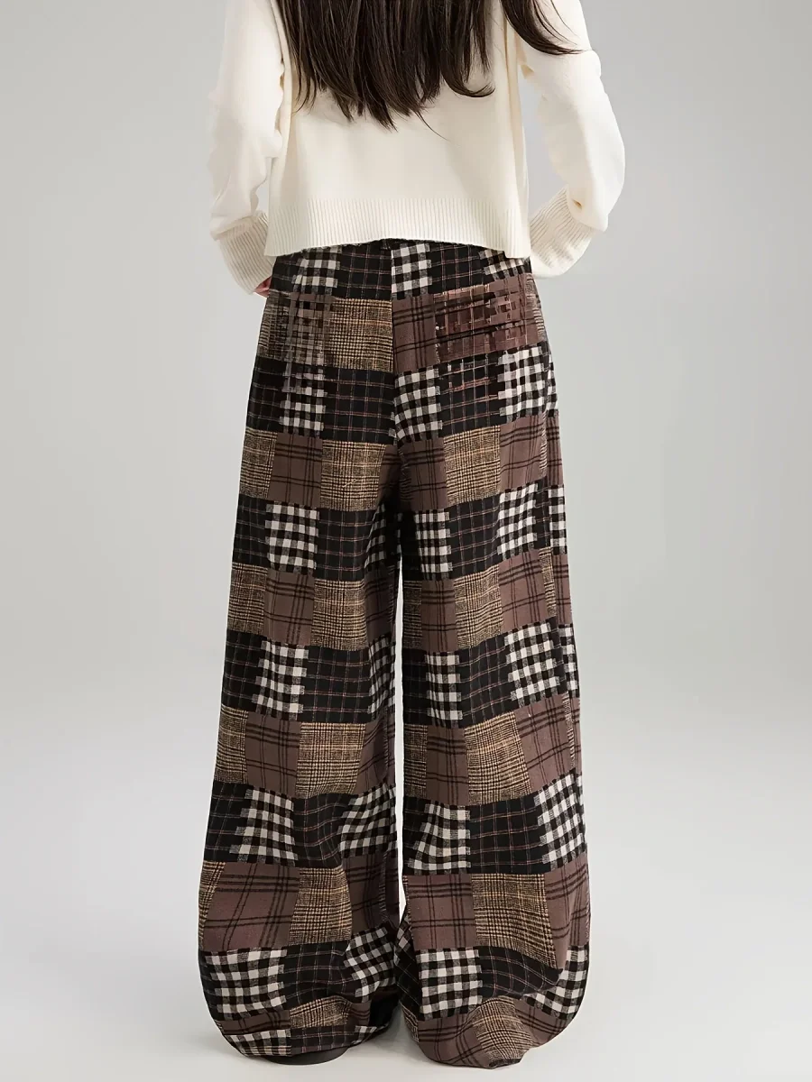 Pantalon large à carreaux style patchwork marron doublé doux - Imagen 3