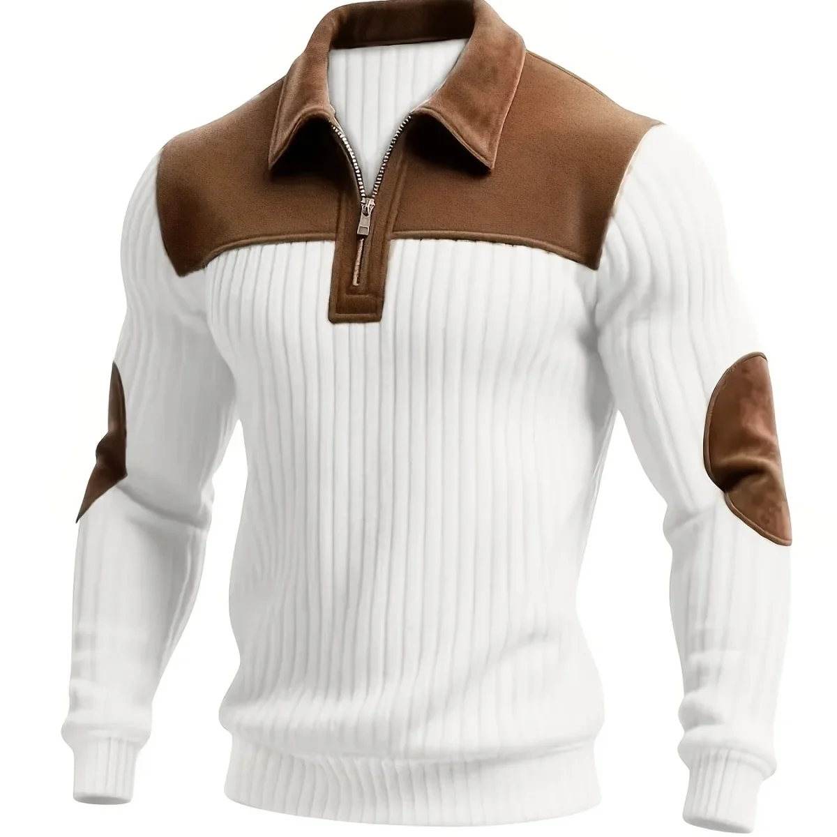 Pull homme côtelé col polo zippé empiècements contrastants coudes et épaules - Imagen 7