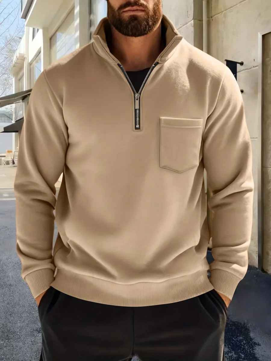 Sweat-shirt Homme Col Montant Zippé avec Poche Poitrine Couleur Unie - Imagen 6