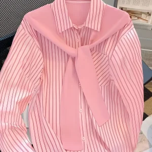 Chemise rayée femme à manches longues avec fausse écharpe nouée devant