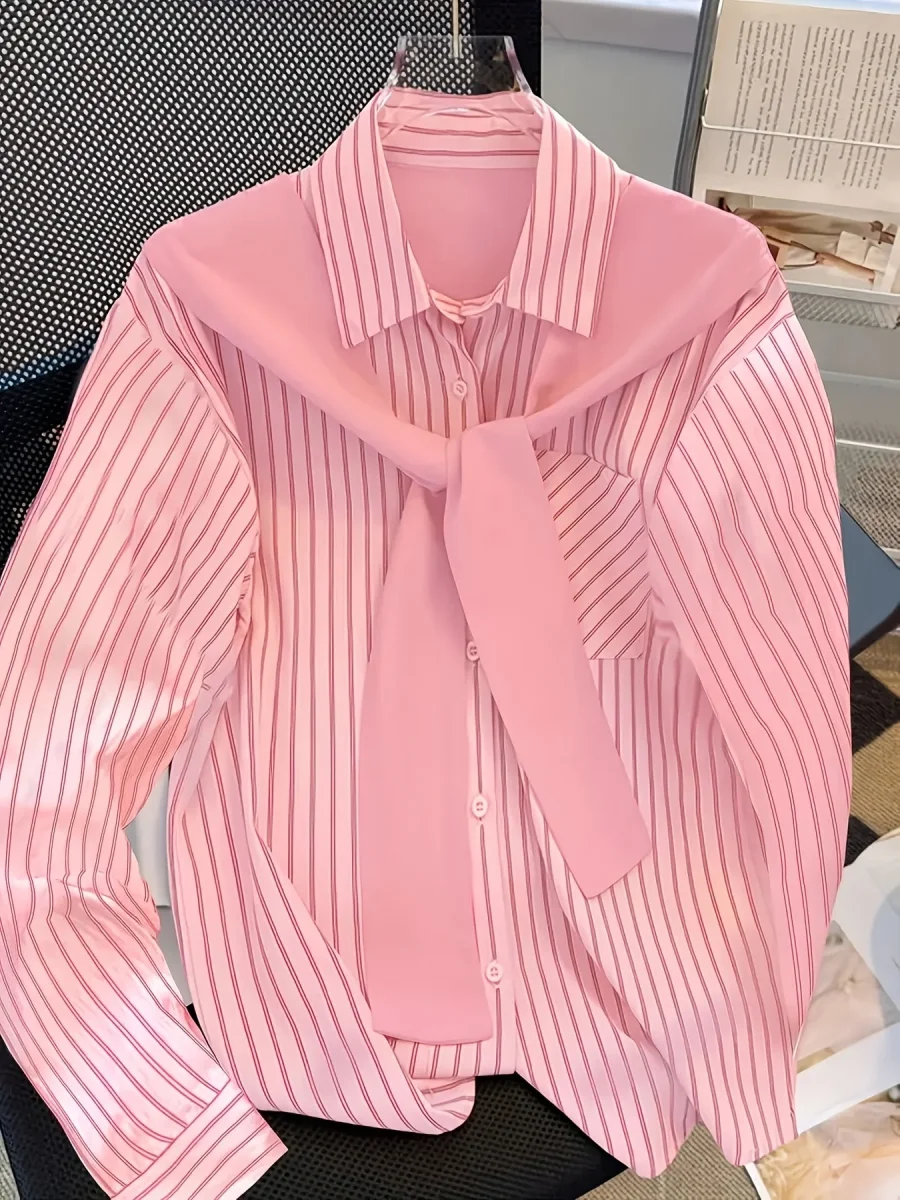Chemise rayée femme à manches longues avec fausse écharpe nouée devant - Imagen 2