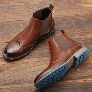 Bottes Chelsea Homme Marron Brogue Détails Perforés Élastiques Latéraux Semelle Bleue