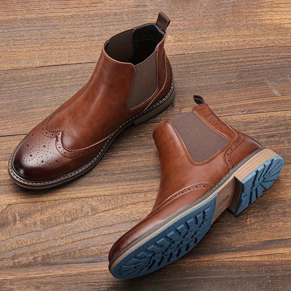 Bottes Chelsea Homme Marron Brogue Détails Perforés Élastiques Latéraux Semelle Bleue - Imagen 2