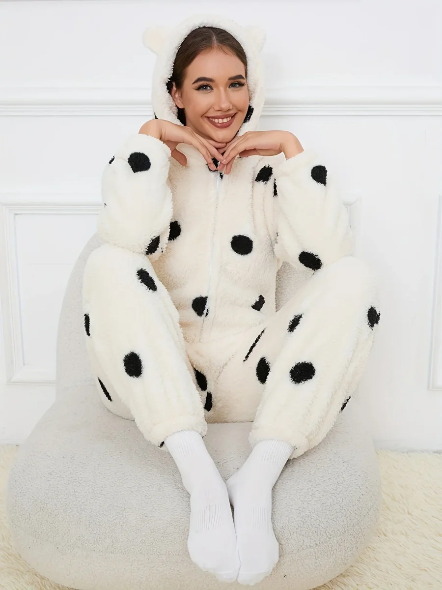 Combinaison Pyjama Polaire Femme à Capuche Ourson ou Pois Colorés Fermeture Éclair - Imagen 3