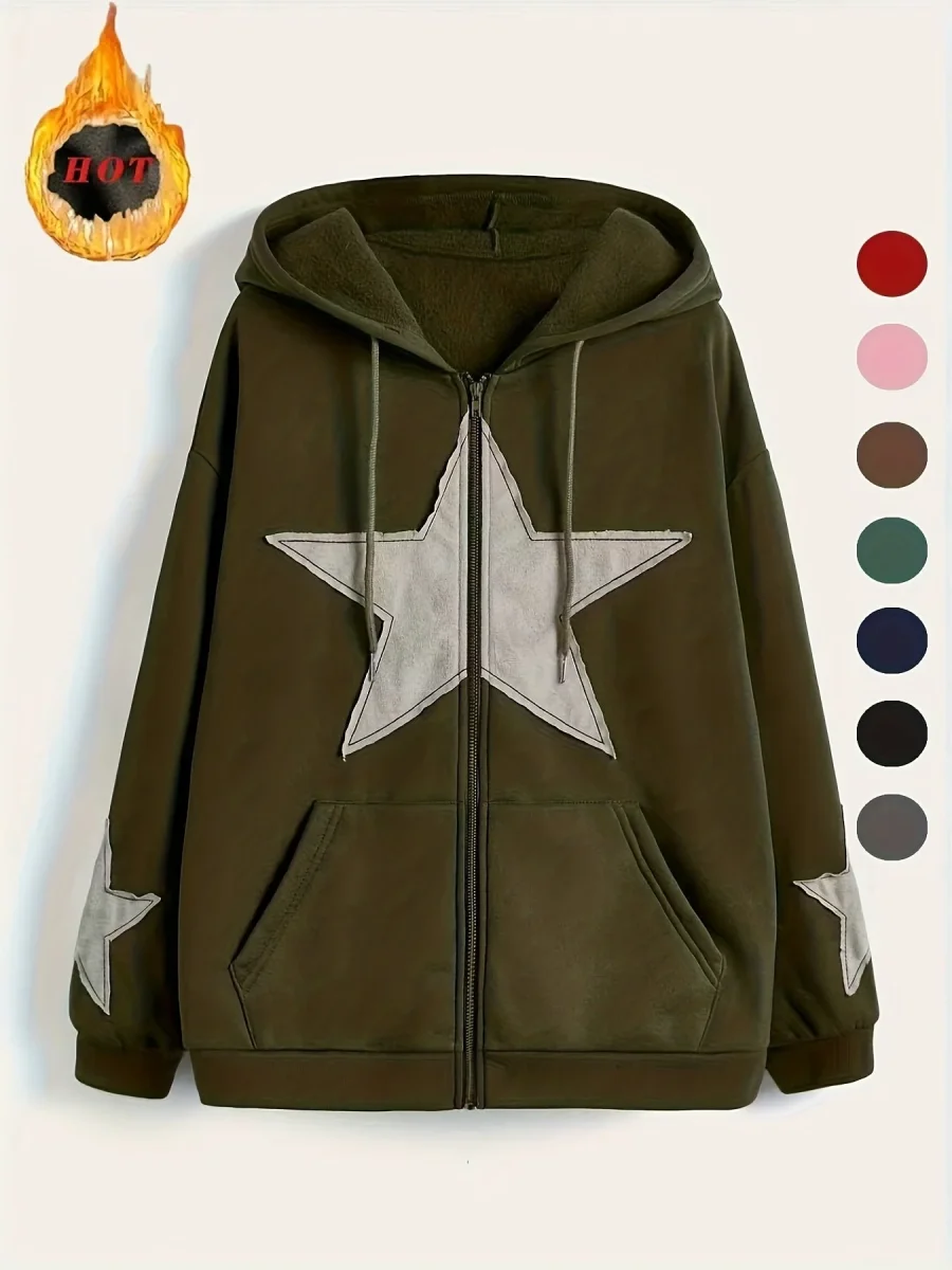 Sweat à capuche zippé marron avec motif étoile gris délavé - Imagen 8