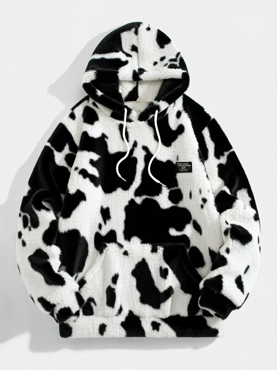 Sweat à capuche Sherpa motif peau de vache bicolore avec poche kangourou - Imagen 5