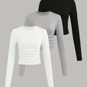 Lot de 3 Crop Tops Femme Manches Longues Col Rond Froncé