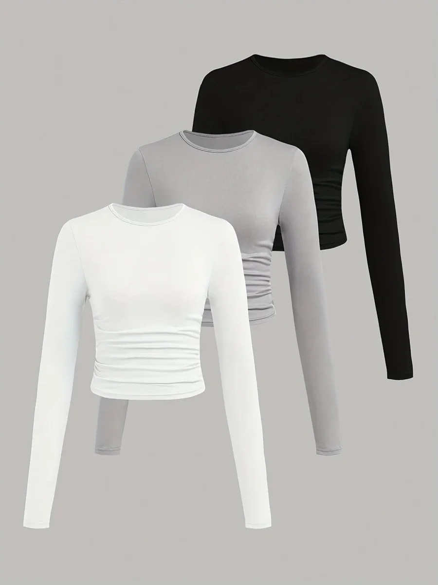Lot de 3 Crop Tops Femme Manches Longues Col Rond Froncé - Imagen 2