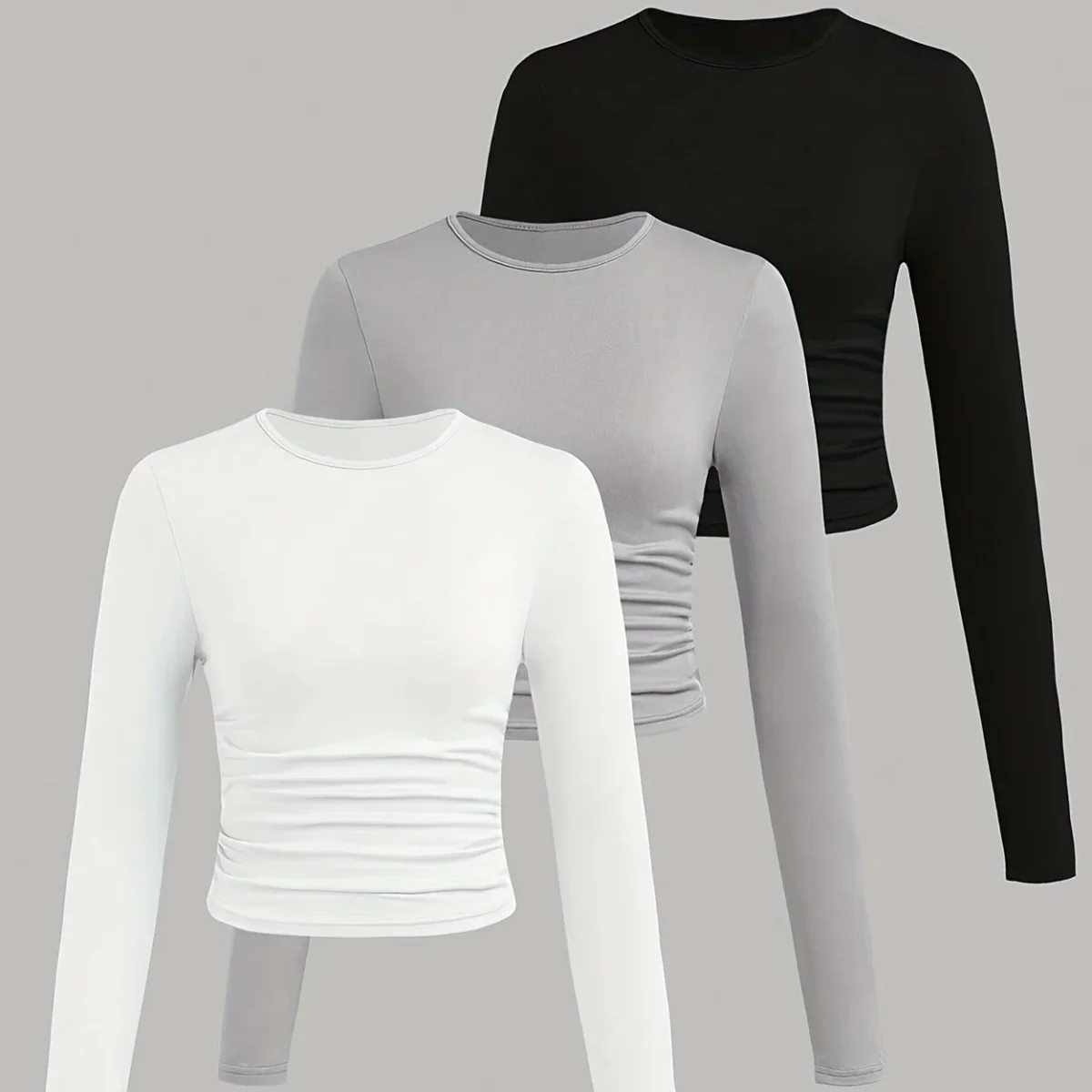 Lot de 3 Crop Tops Femme Manches Longues Col Rond Froncé - Imagen 9