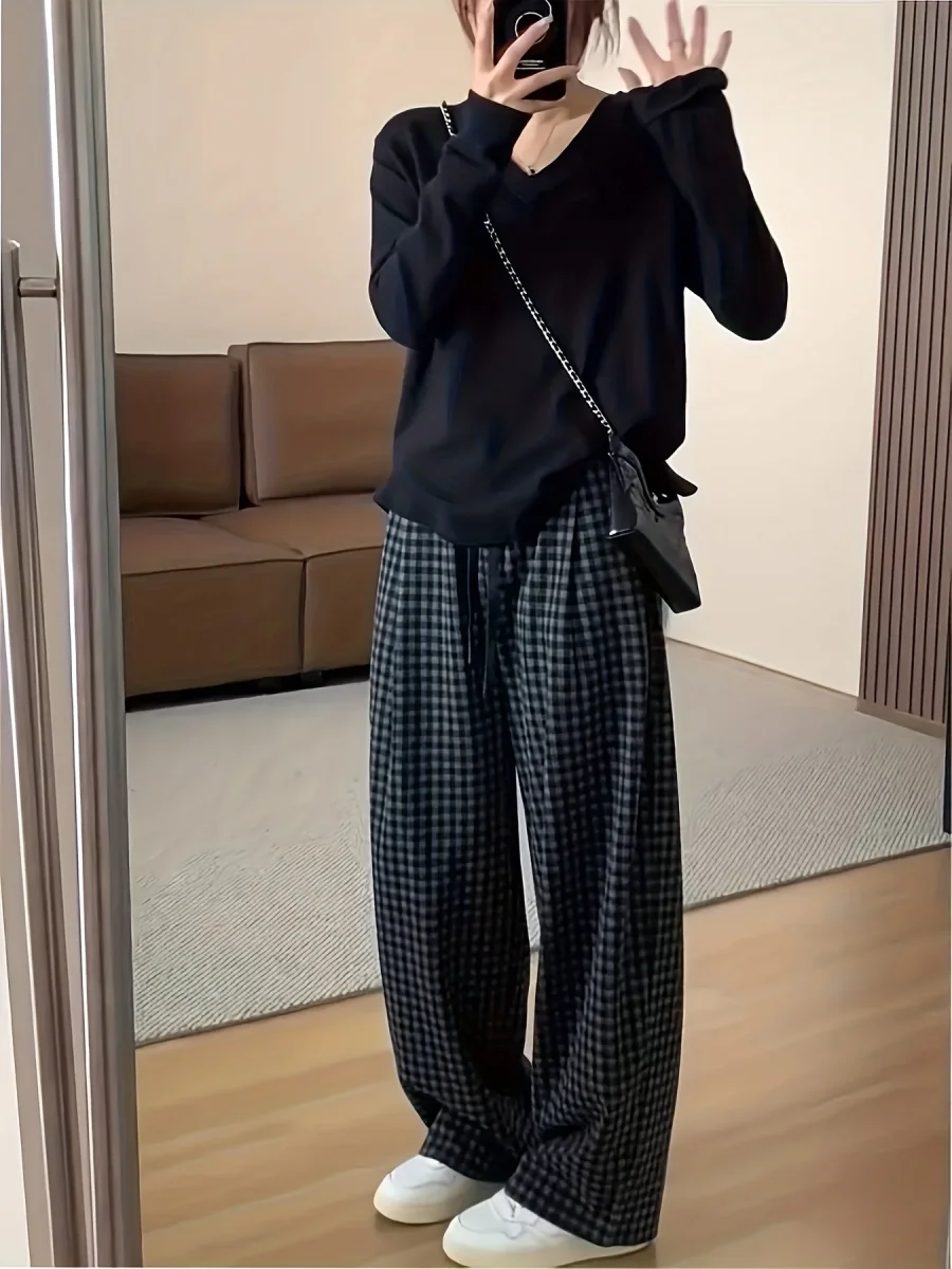 Pantalon large à carreaux Vichy noir et gris avec taille élastique et cordon - Imagen 3