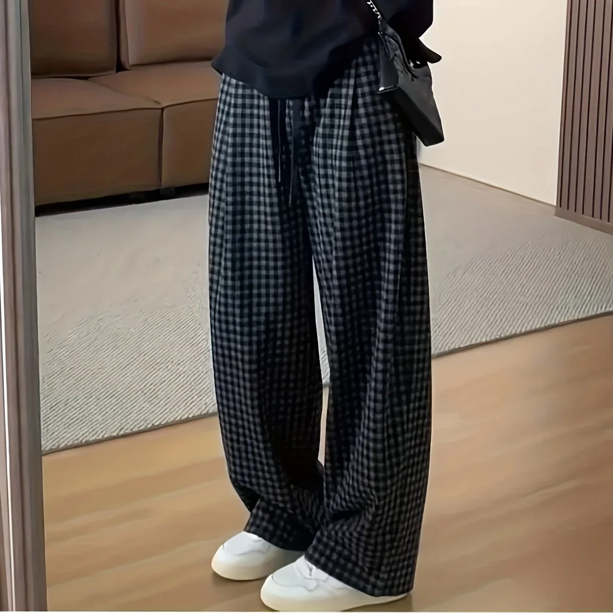 Pantalon large à carreaux Vichy noir et gris avec taille élastique et cordon - Imagen 9