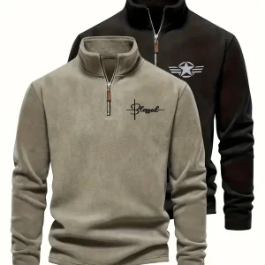 Pulls Homme Col Montant Zippé Polaire Coupe Droite Bicolore Beige Kaki et Noir Imprimé Graphique