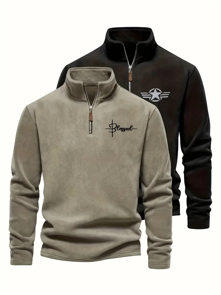Pulls Homme Col Montant Zippé Polaire Coupe Droite Bicolore Beige Kaki et Noir Imprimé Graphique - Imagen 2