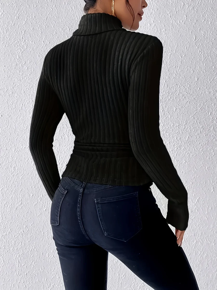 Haut côtelé à col montant pour femme, manches longues, ajusté, vert kaki, gris clair et beige - Imagen 7