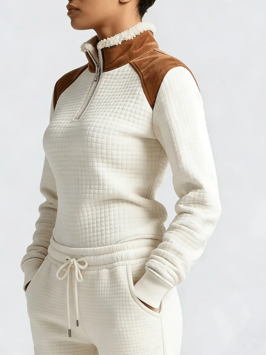 Pull matelassé Femme Col Montant Zippé Blanc Cassé Épaules Marron Effet Daim - Imagen 4