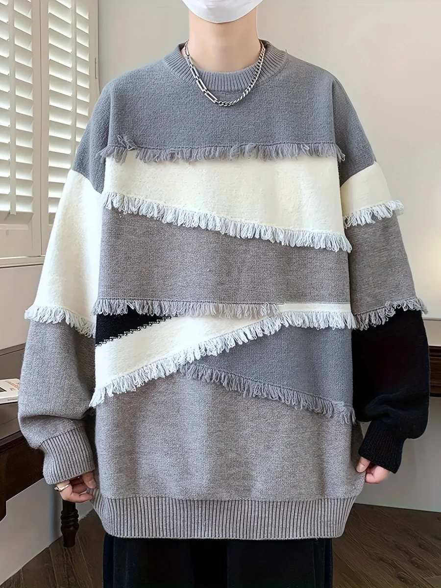 Pull Homme Col Rond Color Block à Franges Tricoté Décontracté - Imagen 9