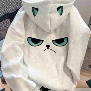Sweat à Capuche Unisexe Gris Clair Motif Chat Grognon Oreilles Pointues