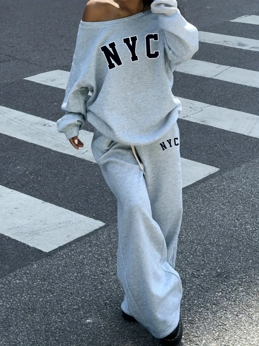 Ensemble survêtement femme gris clair décontracté avec impression NYC - Imagen 4