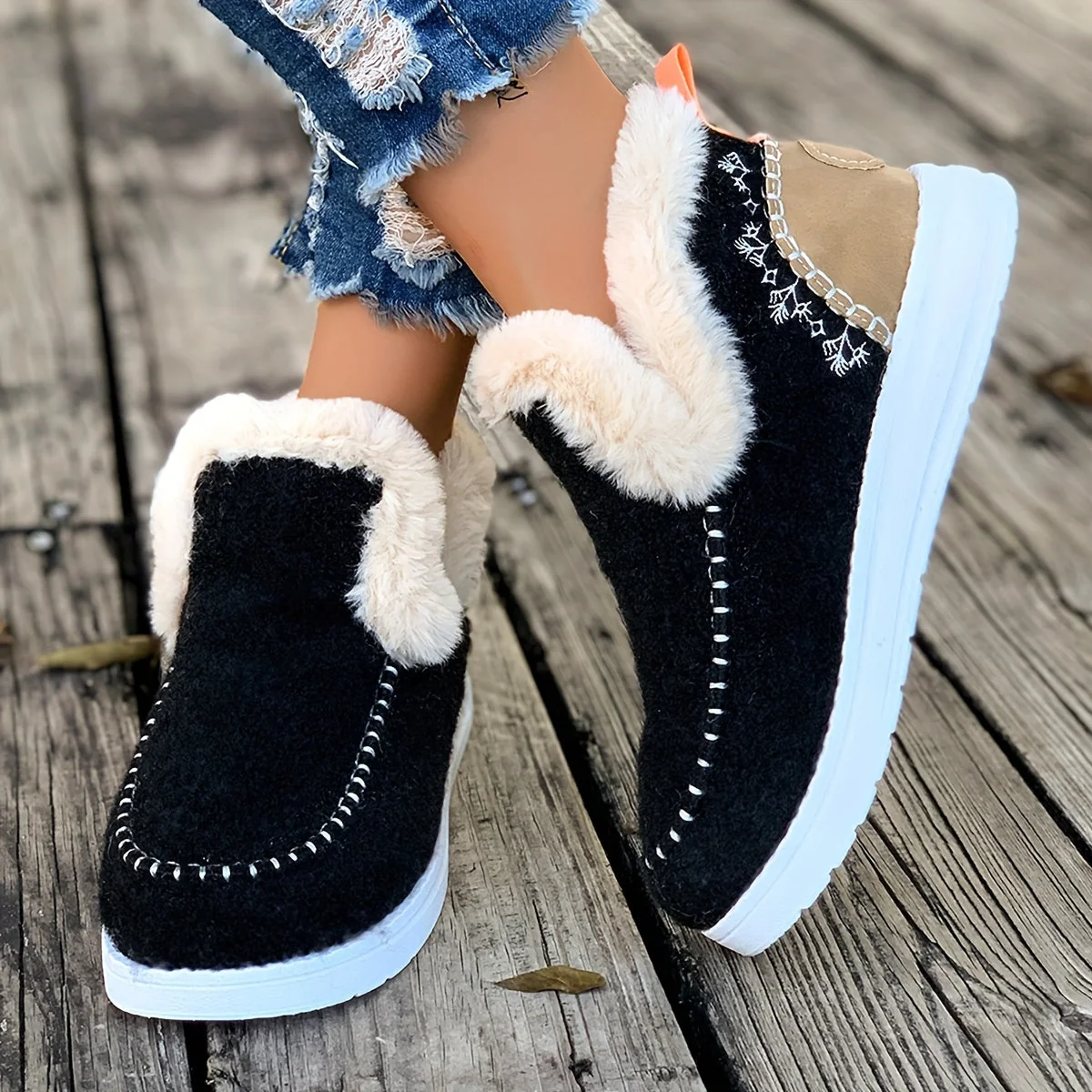 Chaussons montants doublés en fourrure pour femme, style mocassin, diverses couleurs - Imagen 3