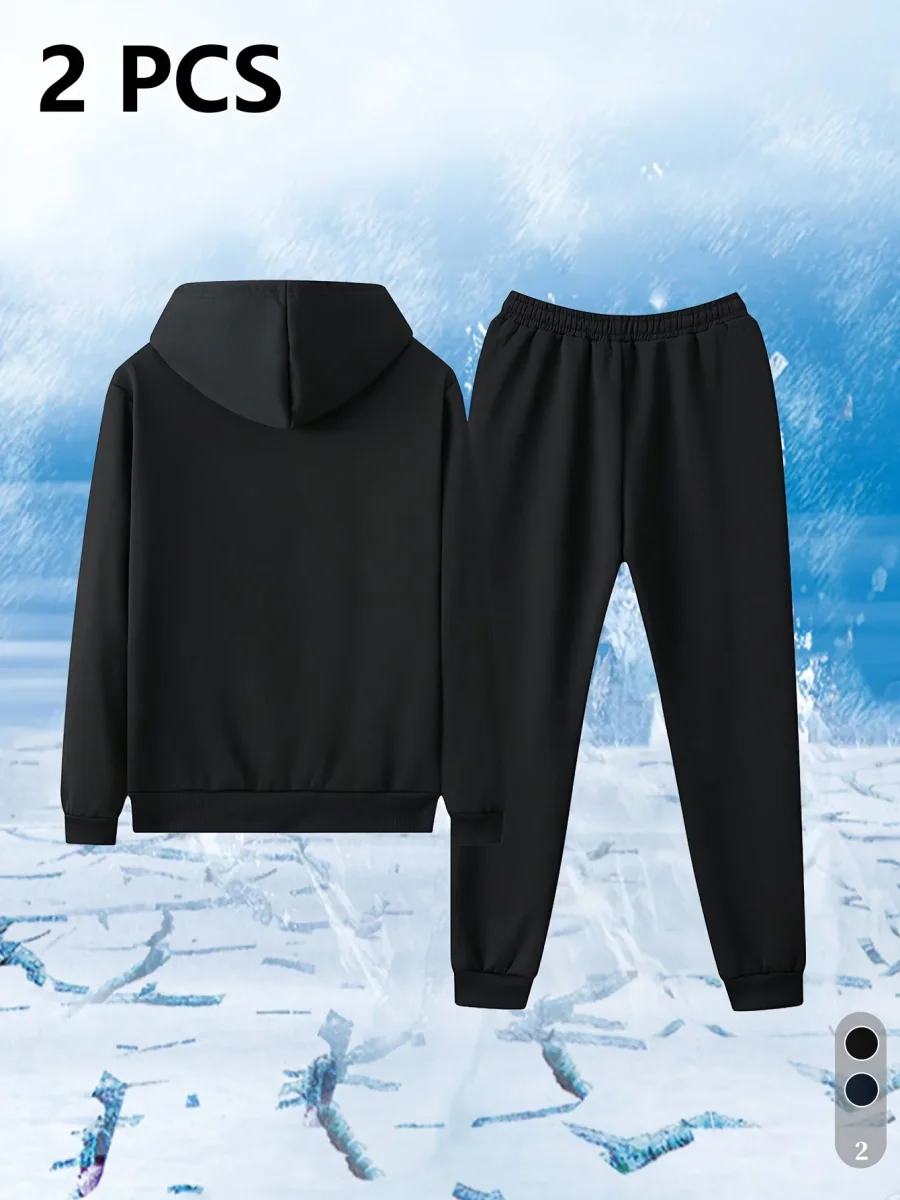 Ensemble Survêtement Homme Capuche Doublure Sherpa Hiver Chaud Bleu Marine - Imagen 6