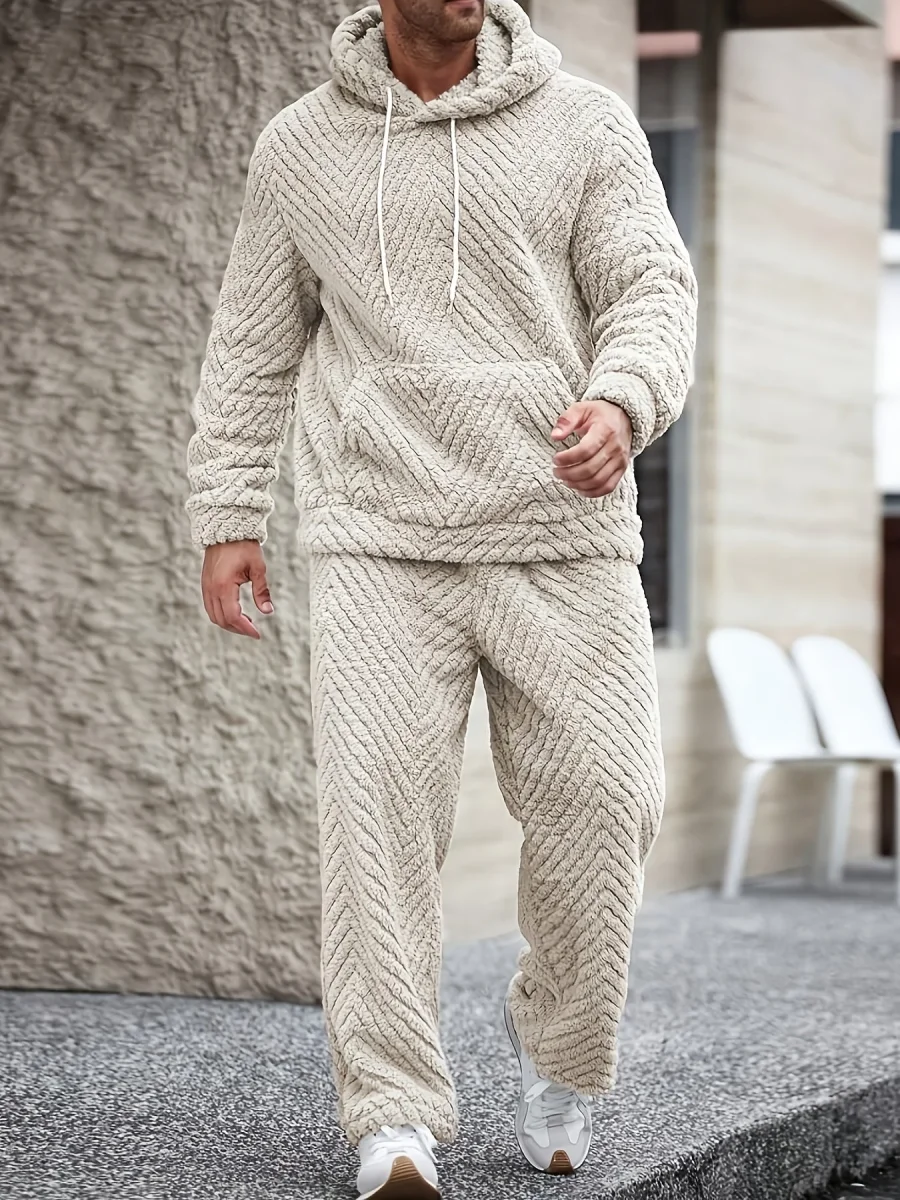 Ensemble Homme Doux Motif Chevrons Capuche Kaki Clair - Imagen 2