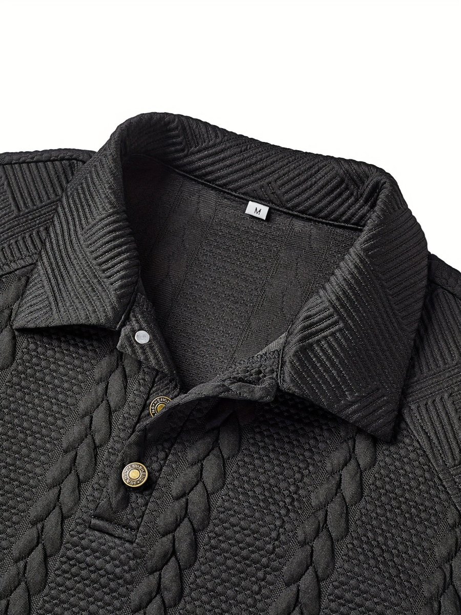 Polo homme tricoté à manches longues noir, col texturé, motif torsadé - Imagen 6