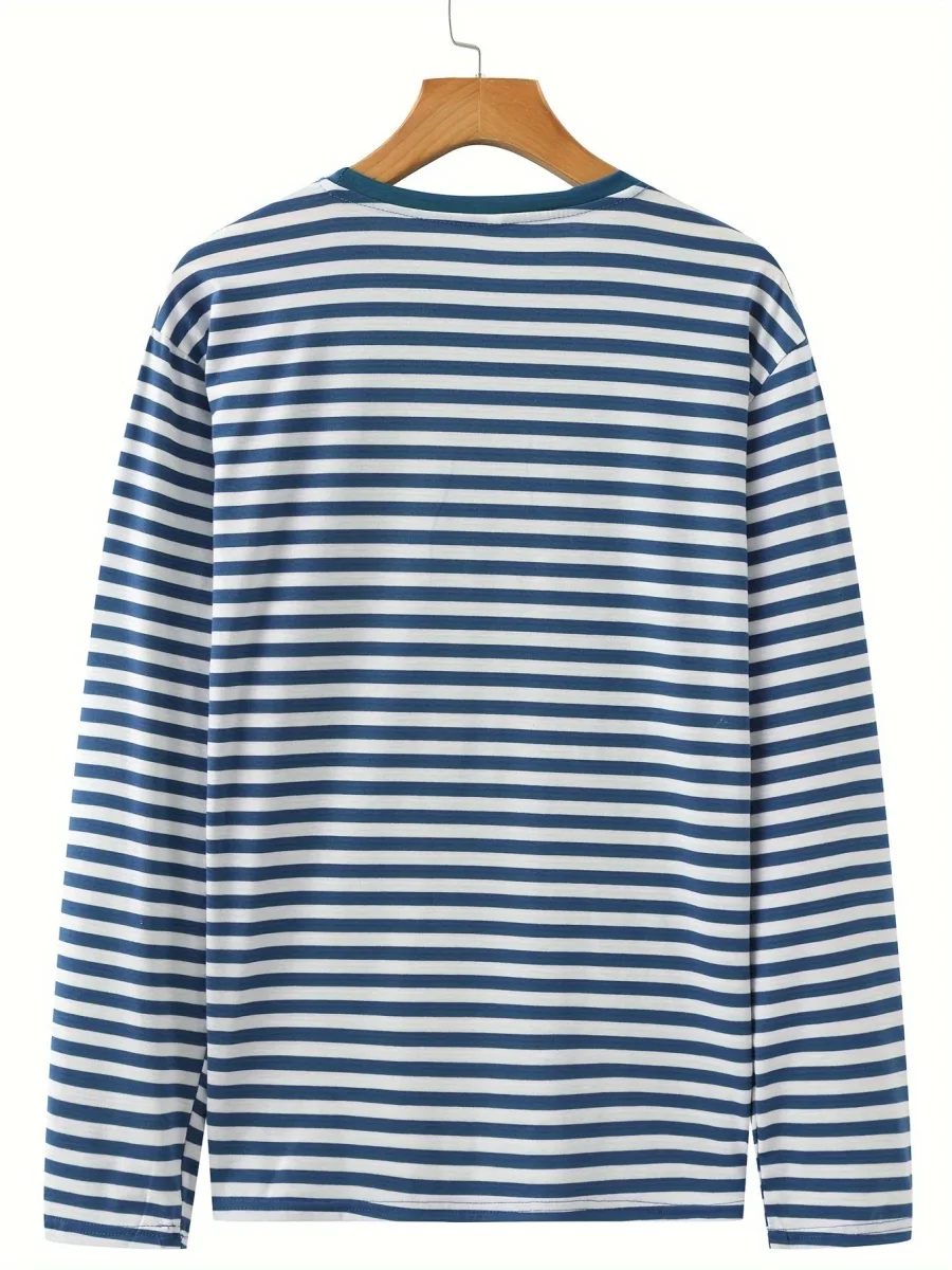 T-shirt à manches longues rayé col rond bleu et blanc pour homme - Imagen 5
