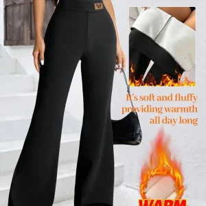 Pantalon Évasé Thermique Femme Noir Taille Haute Jambe Large Confort Doux