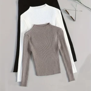 Pull côtelé à col montant pour femme, manches longues