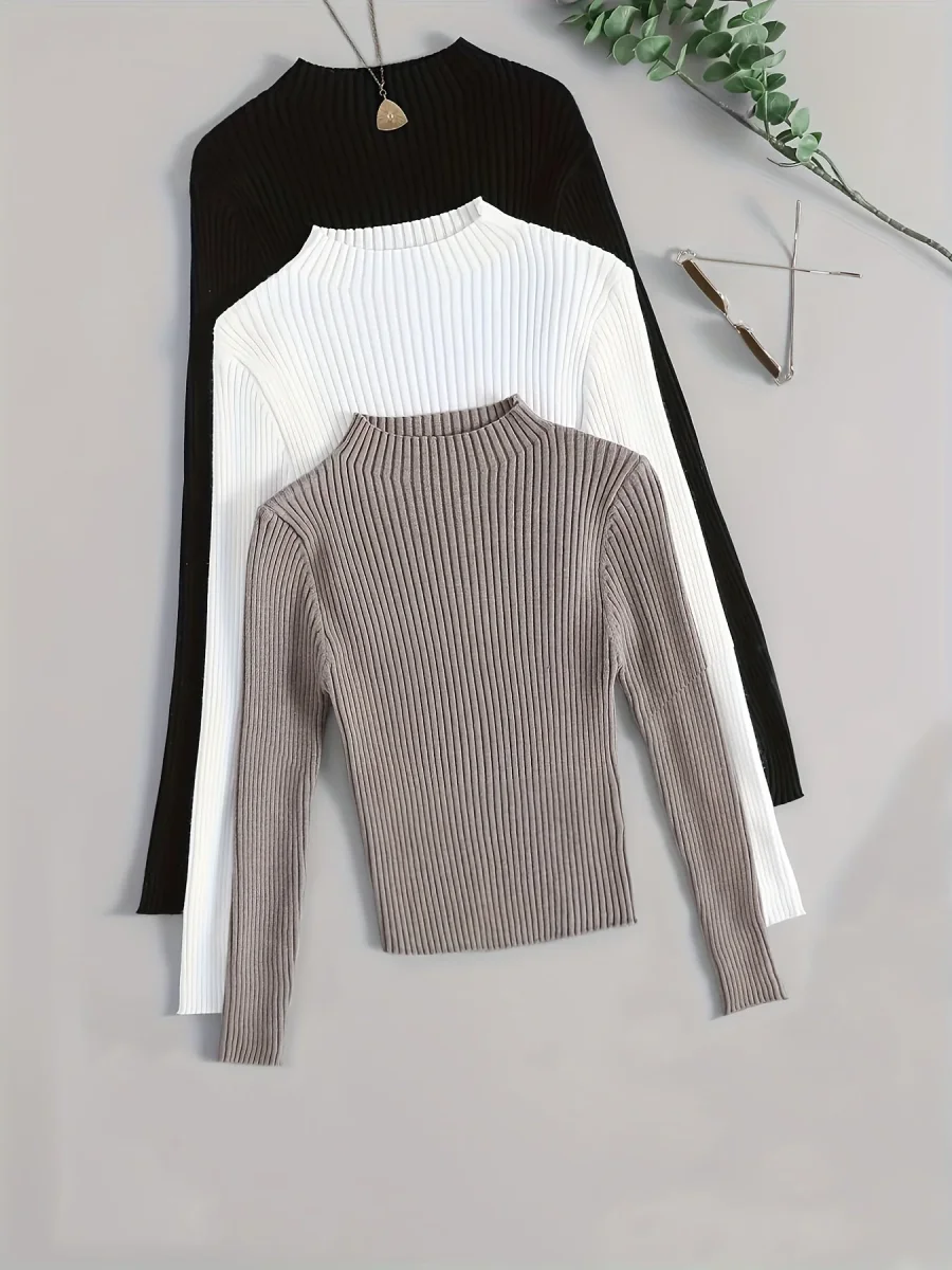 Pull côtelé à col montant pour femme, manches longues - Imagen 2