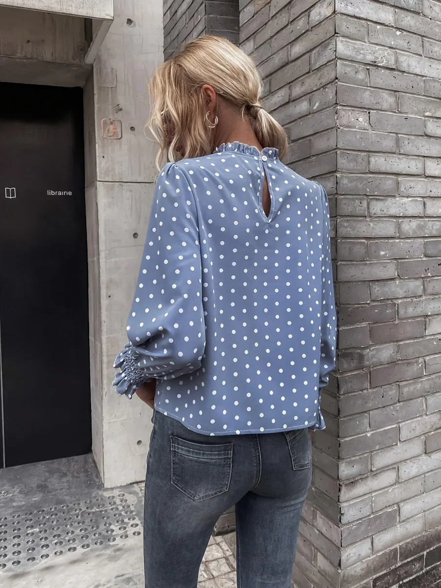 Chemisier Femme à Pois Col Montant Manches Longues Bleue - Imagen 3