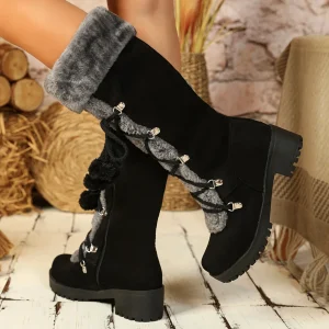 Bottes Femme Noires Mi-Mollet Effet Daim avec Doublure Fourrure Grise et Lacets Décoratifs