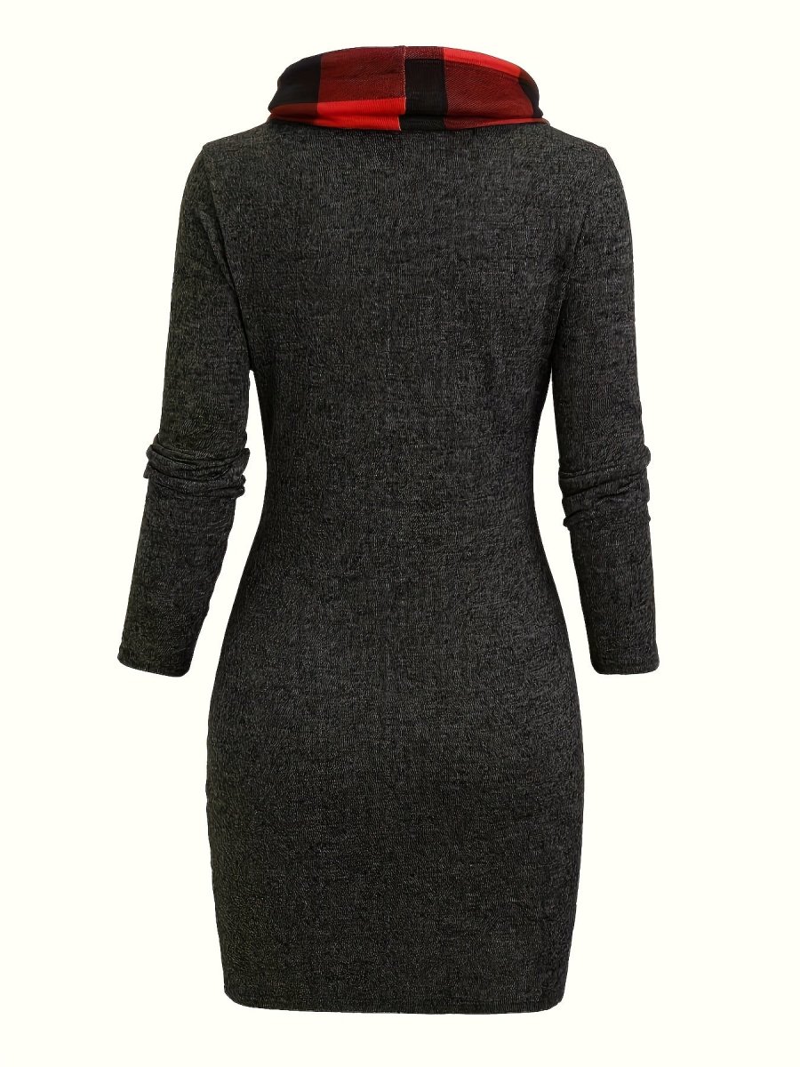Robe Pull Courte Femme avec Col Cheminée et Motif Carreaux Bicolores - Imagen 8