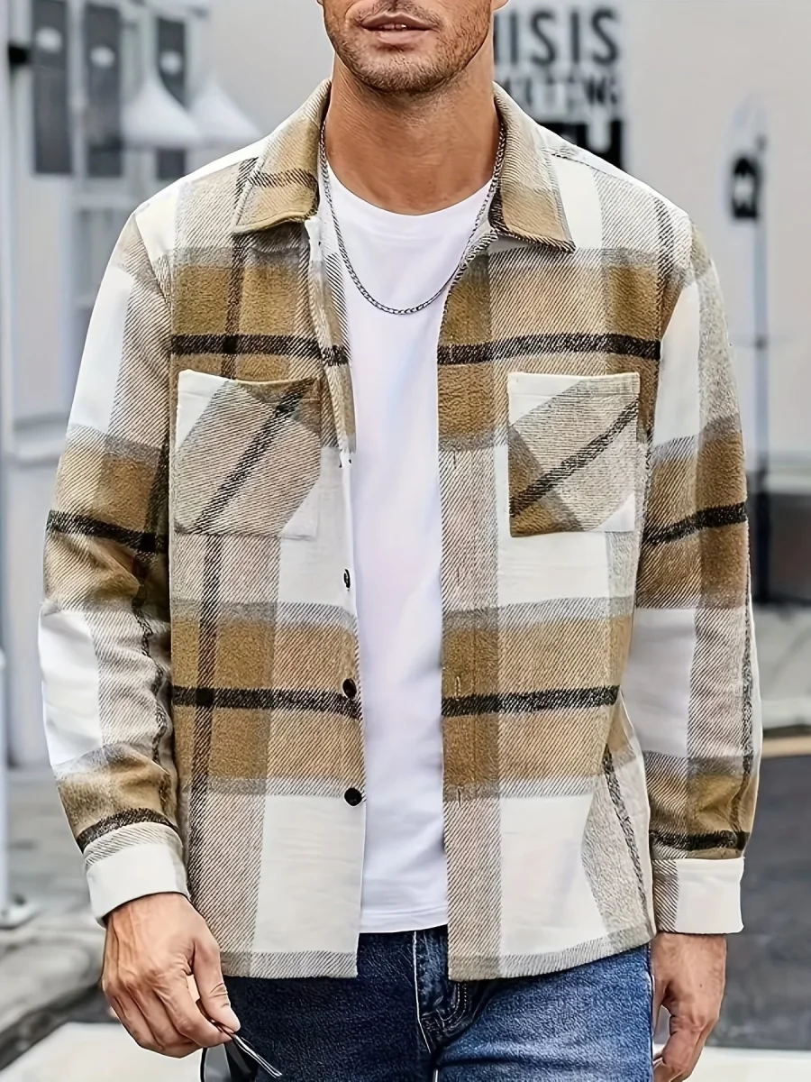 Chemise à carreaux homme coupe décontractée avec poches boutonnées marron clair et blanc - Imagen 2