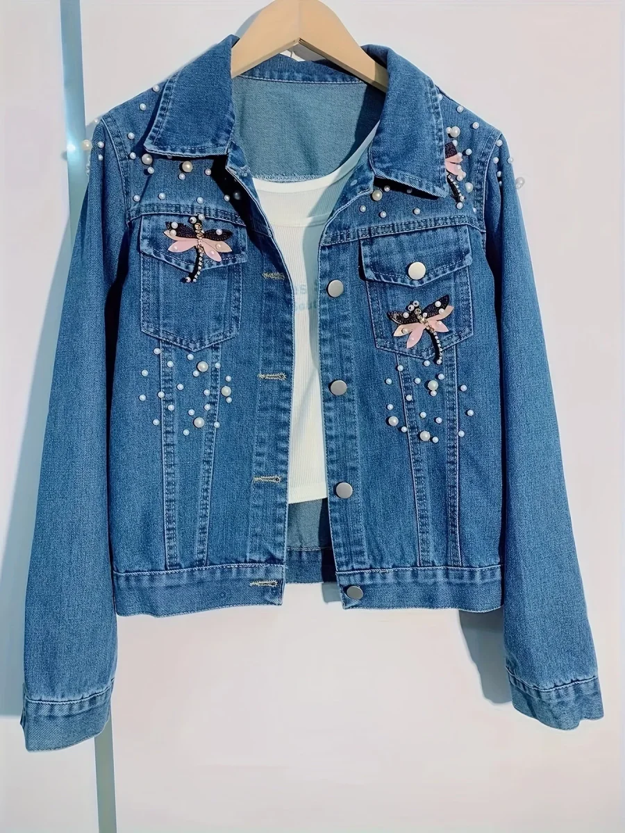 Veste en jean femme bleue brodée de perles et ornements - Imagen 5