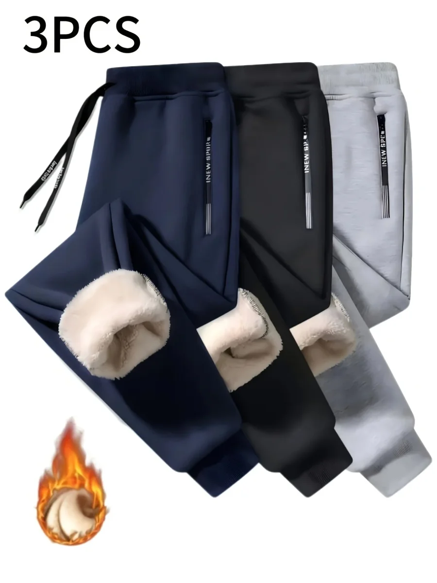 Lot de 3 Pantalons de Survêtement Polaire Homme, Élastique, Doublure Chaude, Poches Zippées, Bleu Marine, Noir et Gris Clair - Imagen 4