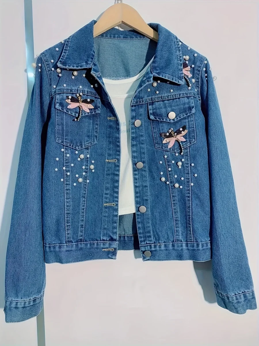 Veste en jean femme bleue brodée de perles et ornements - Imagen 4
