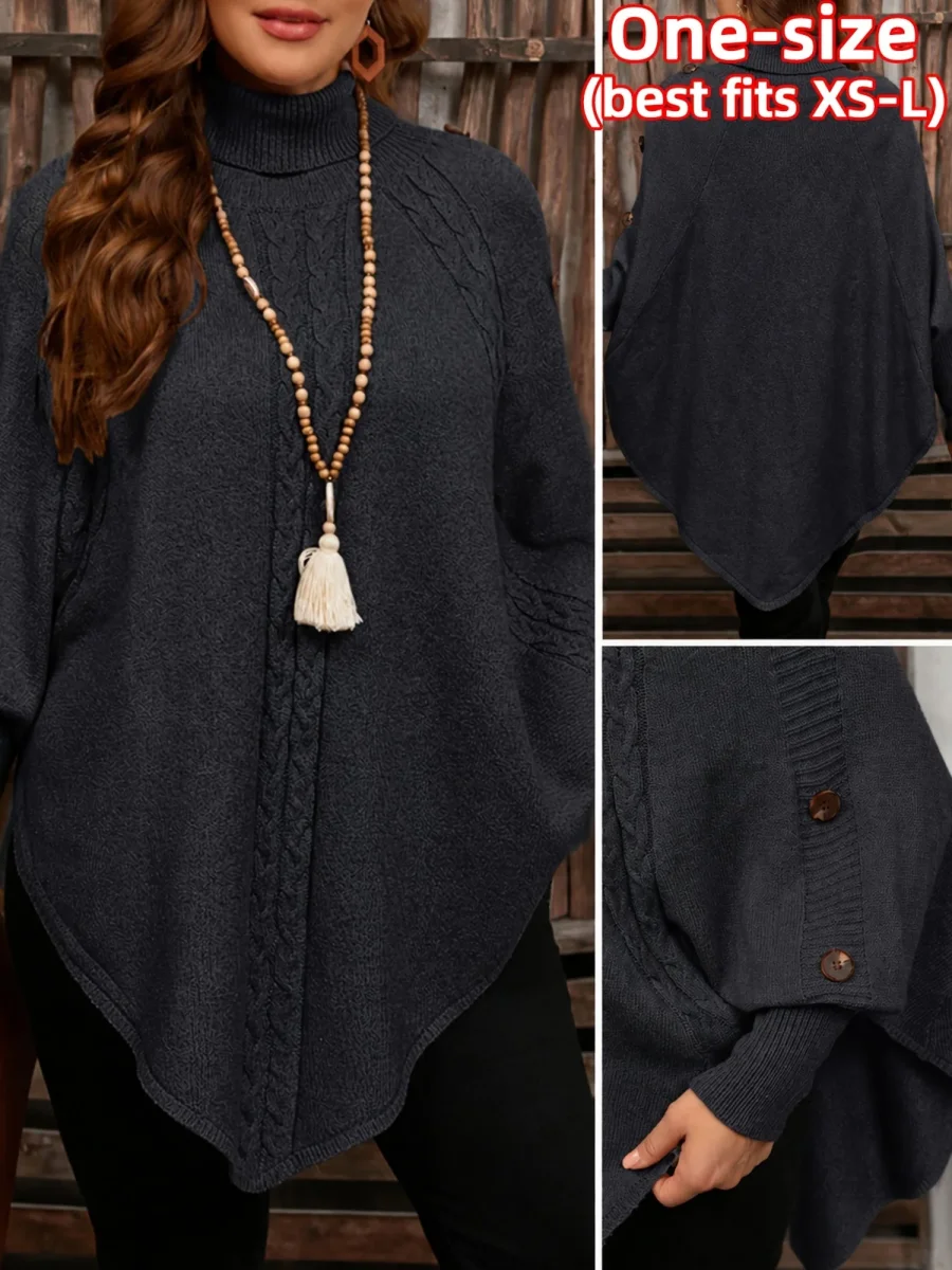 Pull poncho en tricot à col roulé et tresses avec boutons décoratifs pour femme - Imagen 3