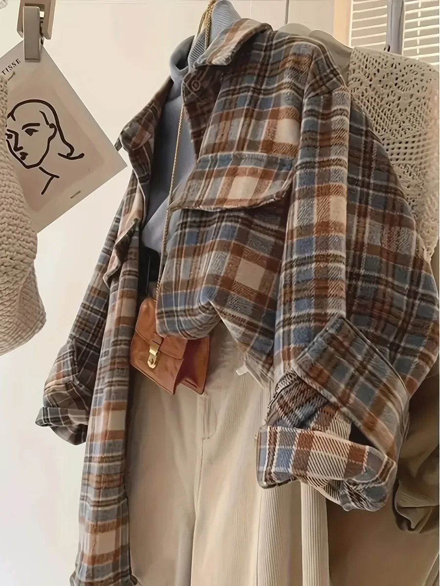 Surchemise à carreaux oversize Femme marron beige bleue décontractée - Imagen 7